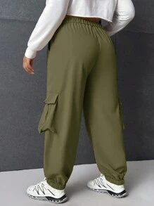 SHEIN EZwear Màu thuần Kích thước lớn Quần Với Lớn Túi - xanh quân đội - Xem 2