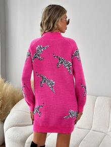 SHEIN LUNE Hoa văn Báo Tay Raglan Đầm Áo len - Màu Hồng Tươi - Xem 2