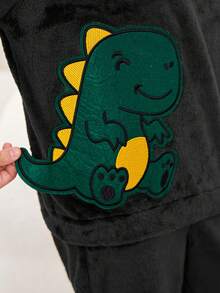 SHEIN 男大童恐龍刺繡法蘭絨睡衣套裝 - 黑色 - 查看 6