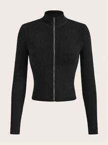 SHEIN EZwear 大碼女性鬆動拉鍊套頭毛衣開襟衫 - 黑色 - 查看 1