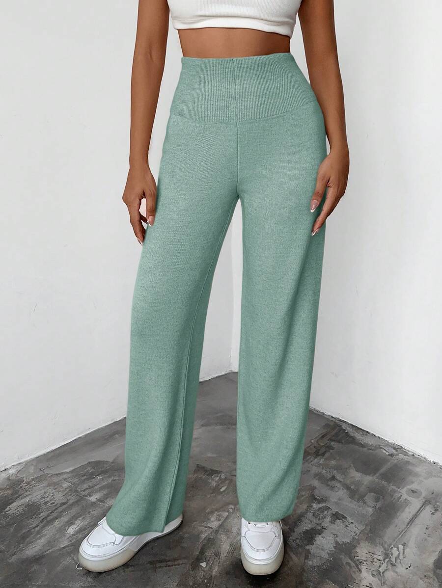 EURMUSE Solid Color Fitted Straight Sweater Pants - Green - View 1