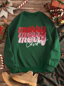 SHEIN EZwear 女聖誕快樂印花抓絨運動衫 - 墨綠色 - 查看 1
