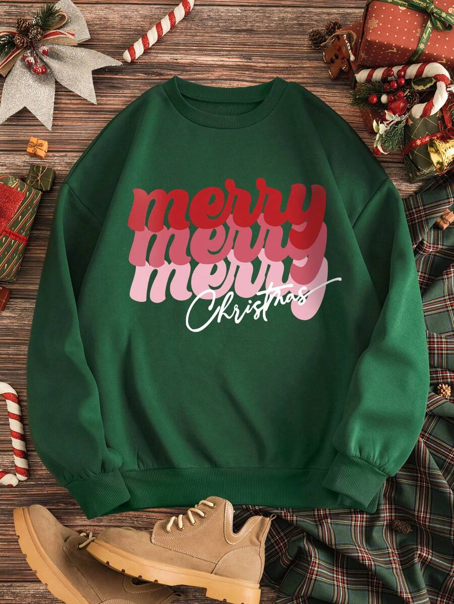 SHEIN EZwear 女聖誕快樂印花抓絨運動衫 - 墨綠色 - 查看 1