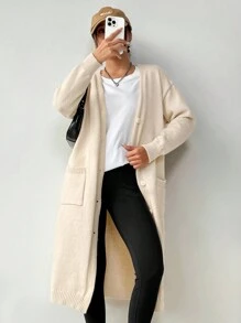 SHEIN Essnce 杏顏色前紐扣落肩袖開襟衫帶雙面口袋 - 米色 - 查看 4