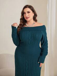 Modelyn Women's Plus Size Off Shoulder Cable Knit Sweater Dress