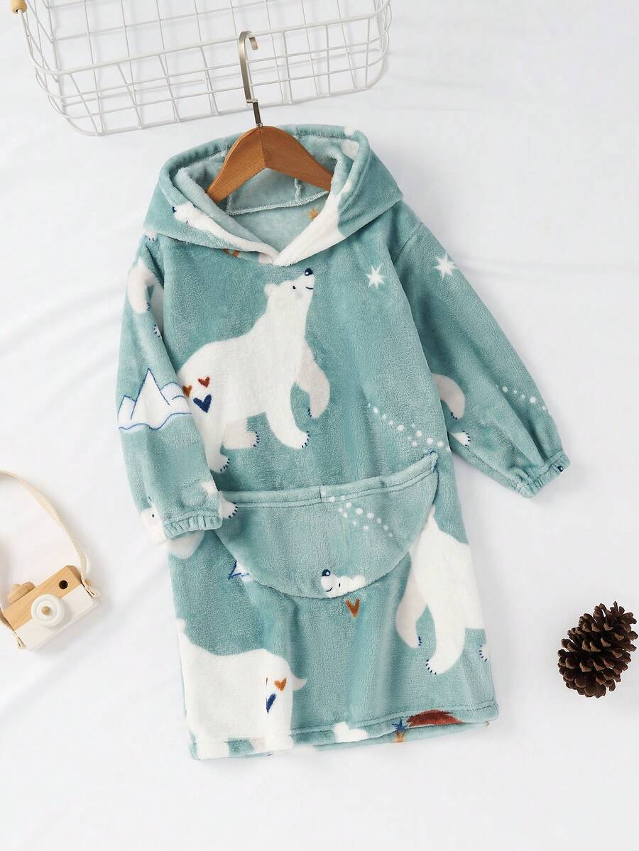 Girls' Cartoon Printed Hooded Drop Shoulder Pajamas - Baby Blue - View 1