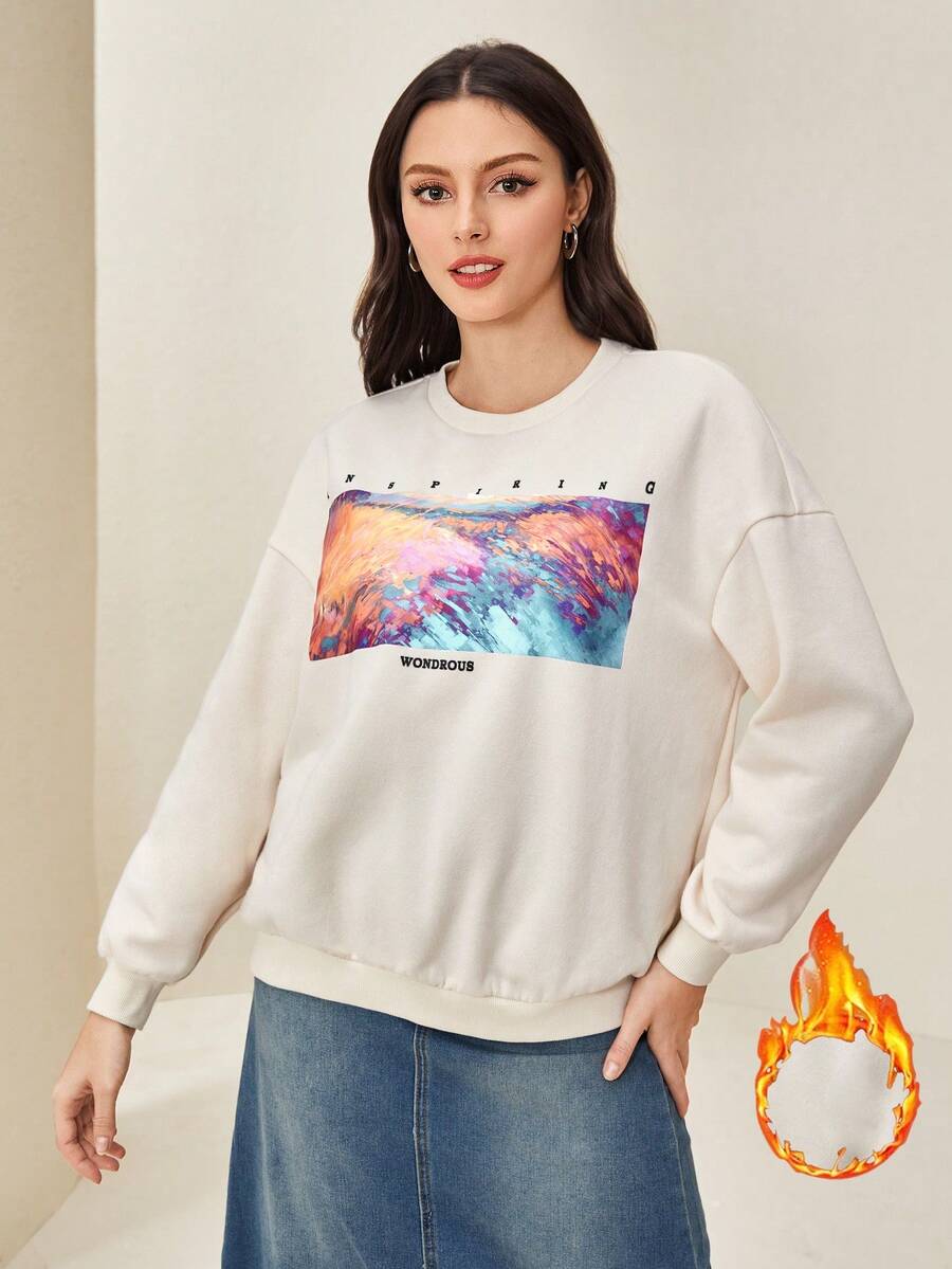 Mulvari 字母圖案落肩袖運動衫 - 杏色 - 查看 1