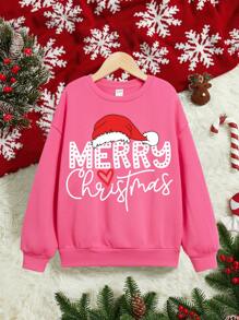 SHEIN Girls' Leisure Christmas Pattern Long Sleeve Round Neck Sweatshirt Suitable For Autumn And Winter - Hot Pink - View 1