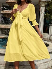 SHEIN Clasi 瑞士點點紮結前面荷葉袖連衣裙 - 黃色 - 查看 6