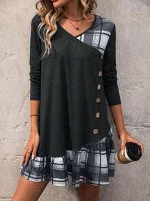 EMERY ROSE Women's Plaid Ruffle Hem Dress - Black - View 1