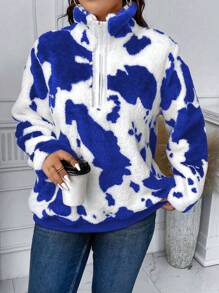 Calvaya 大尺碼女式全印花拉鍊半拉鍊運動衫 - 藏蓝色 - 查看 5