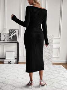 Chiquease Asymmetrical Neck Split Thigh Dress - Black - View 2