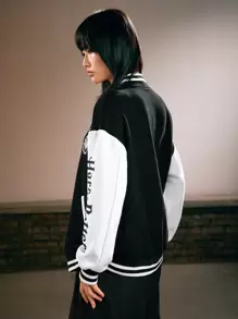 Harry Potter | ROMWE Letter Print Contrast Drop Shoulder Baseball Jacket, School
