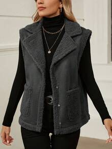 SHEIN LUNE Dual Pocket Teddy Lined Vest Jacket - Grey - View 6