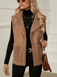 SHEIN LUNE Của phụ nữ Vá lại Teddy Lông cừu Áo khoác vest - Màu Khaki - Xem 5