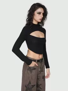 ROMWE Grunge Punk 女性時尚中空後背帶設計t卹 - 黑色 - 查看 3