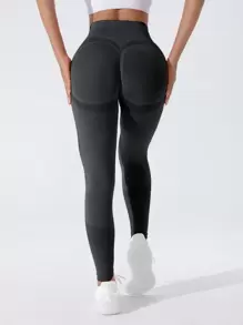 Easithlete 女款高弹力宽腰运动紧身裤瑜伽裤 - 深灰色 - 查看 3