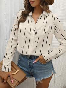 SHEIN Frenchy Women's Linear Pattern Long Sleeve Shirt - Apricot - View 5