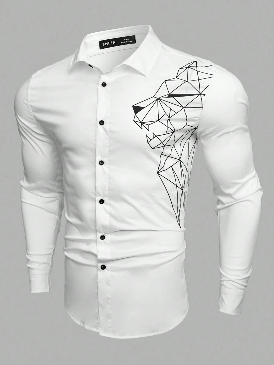 Manfinity VCAY Men's Geometric Pattern Woven Long Sleeve Shirt - White - View 1