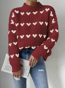 SHEIN Essnce Heart Patterned Turtleneck Sweater With Drop Shoulder Sleeve Design - Multicolor - View 3