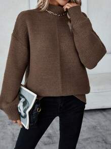 SHEIN Essnce Half Turtleneck Cold Shoulder Sweater - Camel - View 6