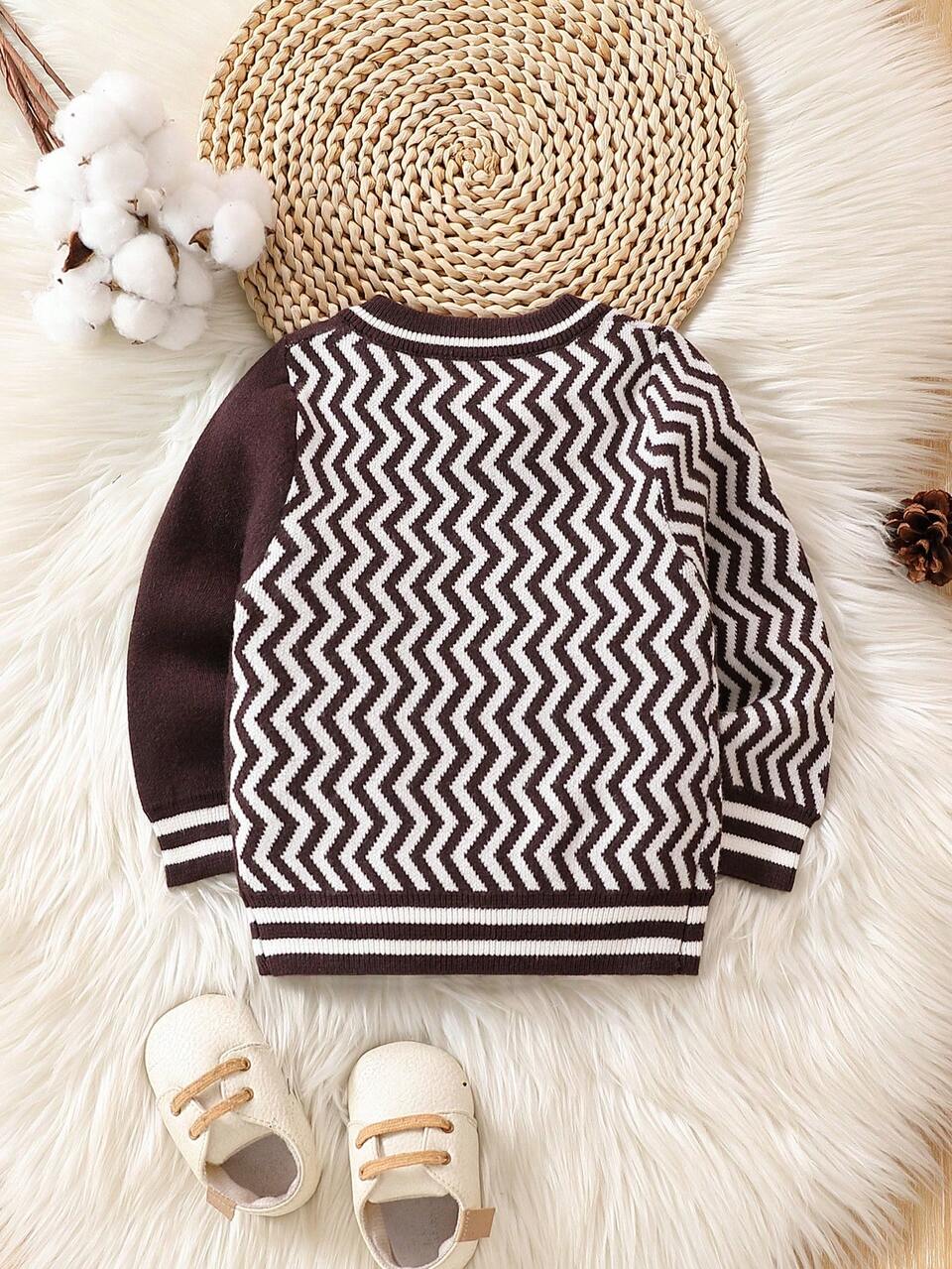 Infant Boys' Zigzag Pattern Teddy Bear Patch Cardigan With Front Snap Closure