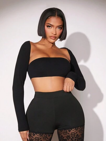 SHEIN SXY Women's Low Neck Long Sleeve Crop Top | SHEIN USA