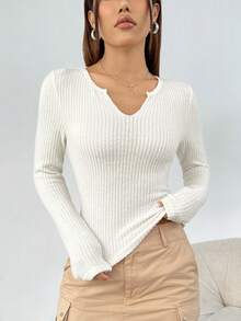 SHEIN EZwear Apricot Knit V-Neck T-Shirt For Women - Apricot - View 5