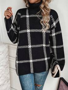 SHEIN Essnce 格子高領毛衣套頭衫 - 彩色 - 查看 5