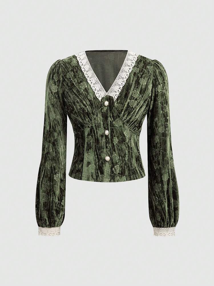 Women's Flower Jacquard Lace Patchwork Shirt Fall Cloth For Women