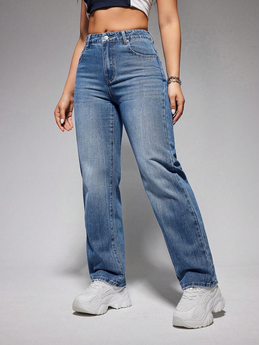 SHEIN EZwear Của phụ nữ Tầng Trung Giò thẳng Quần jean - Màu xanh lam - Xem 1