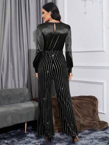 Allurite Ladies' Shiny Flared Jumpsuit - Black - View 2