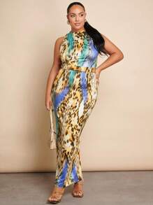 SHEIN BAE Plus Allover Print Mock Neck Bodycon Dress Without Belt