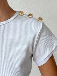 Cottnline Button Detail Batwing Sleeve Tee - White - View 5