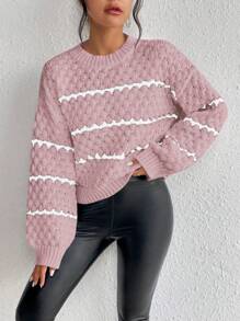 SHEIN Essnce Round Neck Striped Drop Shoulder Sweater Pullover - Dusty Pink - View 1