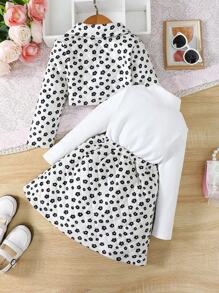 SHEIN Young Girl Ditsy Floral Print Quilted Jacket & Dress - Apricot - View 2