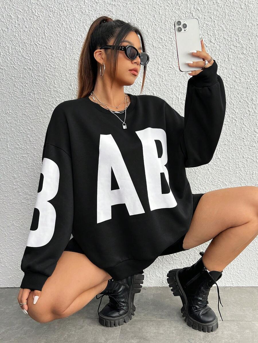 SHEIN EZwear 女性大尺碼運動衫 - 黑色 - 查看 1