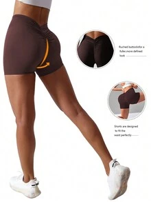 Easithlete Solid Color Back Pleated Sports Shorts - Coffee Brown - View 7