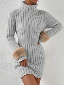 Chiquease Slim Fit Turtleneck Sweater Dress Without Waist Belt - Grey - View 3