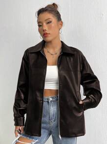 SHEIN Unity Da giả Phù hợp thường Áo khoác - Rỉ Nâu - Xem 3