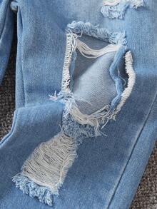 SHEIN Little Girls' 3pcs Black Jacket + Distressed Jeans + Camisole Tank Top Set - Red - View 7