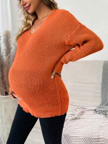 SHEIN Maternity Deep V-Neck Ribbed Knitted Drop Shoulder Sweater - Orange - View 3