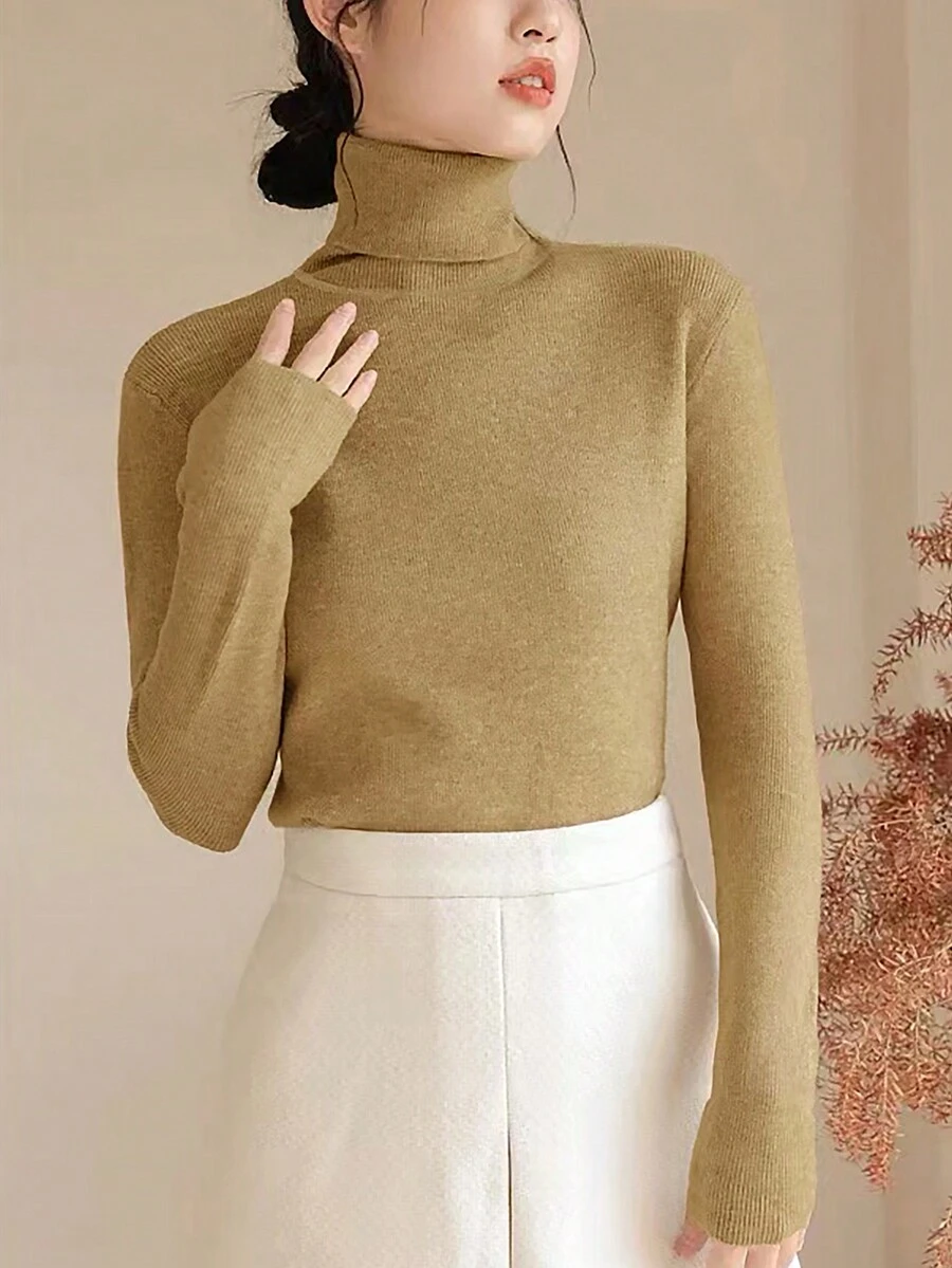 簡約百搭高領打底兩折領毛衣 - 棕色 - 查看 1