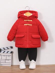 SHEIN Neutral Baby Boy Chinese Style Checkerboard Fleece Hooded Padded Coat - Multicolor - View 3