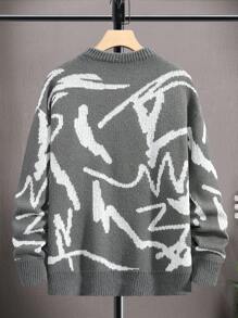 Manfinity Roghcode Men's Patterned Drop Shoulder Sweater - Dark Grey - View 2