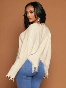 SHEIN SXY Women's Solid Color Drop Shoulder Distressed Long Sleeve Sweater,Long Sleeve Tops In Fall/Winter