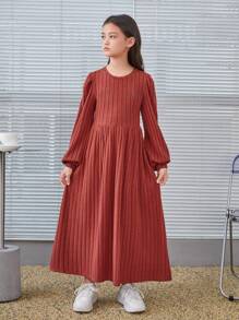 SHEIN Tween Girl Rib-Knit Round Neck Pullover Lantern Sleeve Solid Long Dress - Rust Brown - View 6