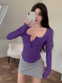 DAZY Chất rắn Nút phía trước Áo thun vừa vặn - Màu tím - Xem 3