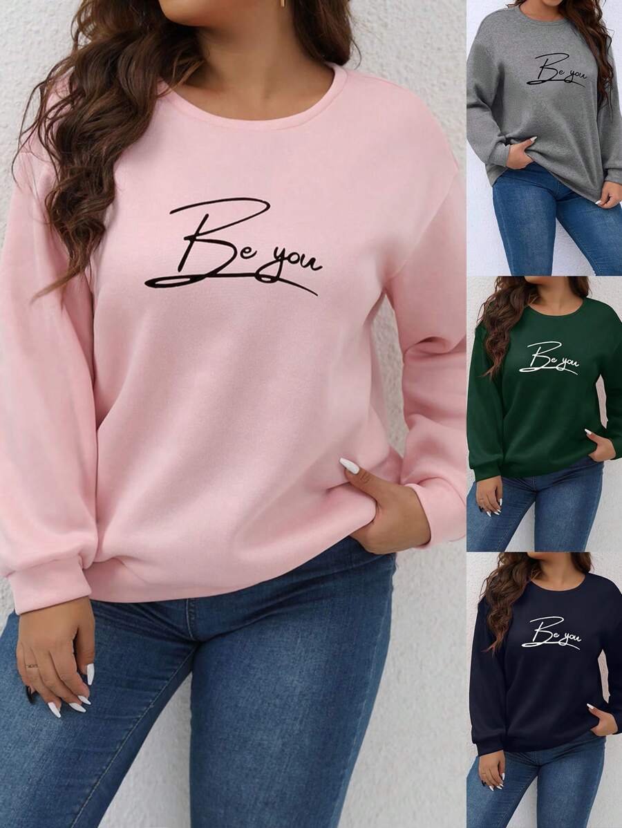 SHEIN Franclia Plus Size Women's Letter Printed Casual Sweatshirt - Baby Pink - View 1