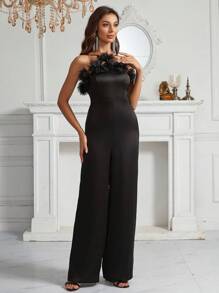 SHEIN Belle 3D網紗貼花邊繞頸派對連身褲 - 黑色 - 查看 3